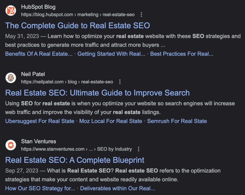 Google's Search Results for "Real Estate SEO"